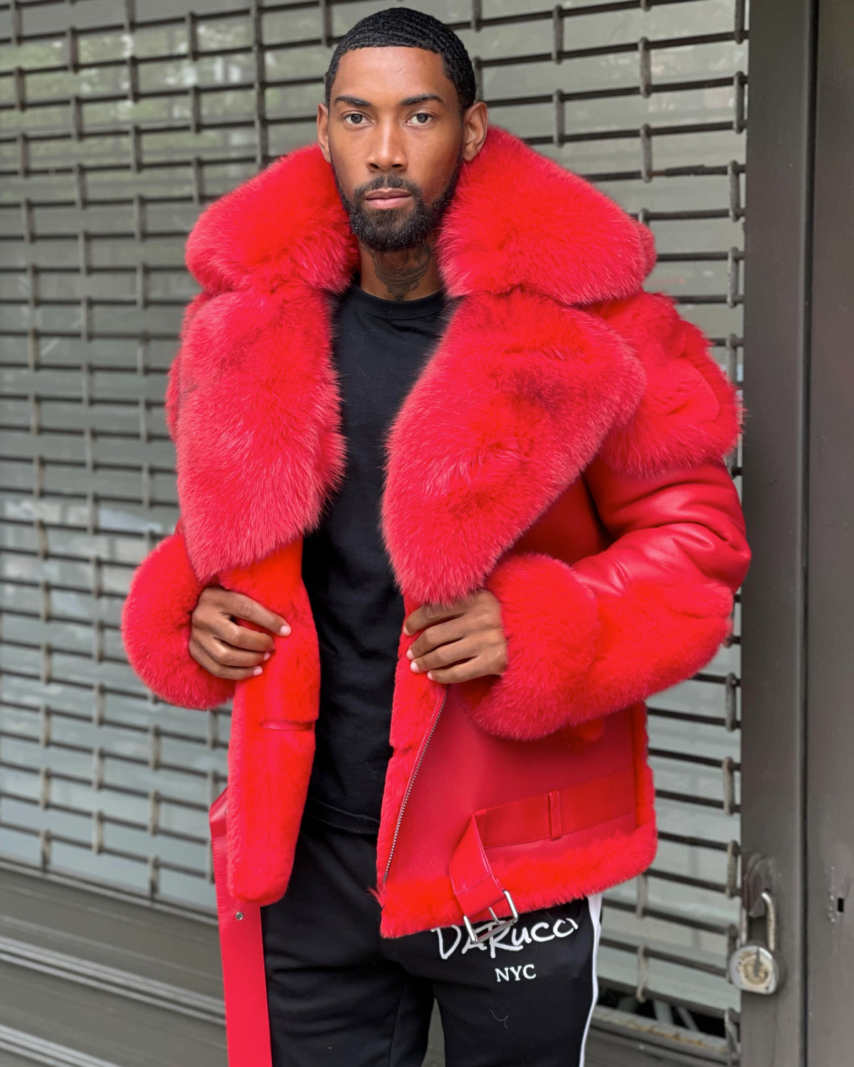 MEN SHEARLING- RED BIKER STYLE WITH RED FOX FUR & HOOD