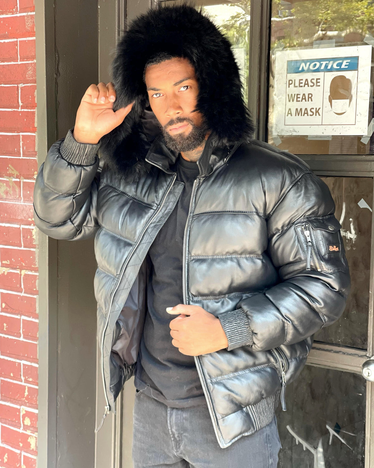 MEN LEATHER PUFFER BOMBER- BLACK (BLACK FUR)