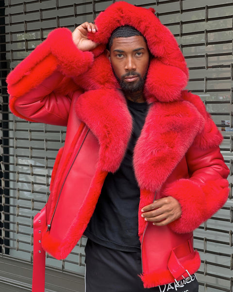 MEN SHEARLING- RED BIKER STYLE WITH RED FOX FUR & HOOD
