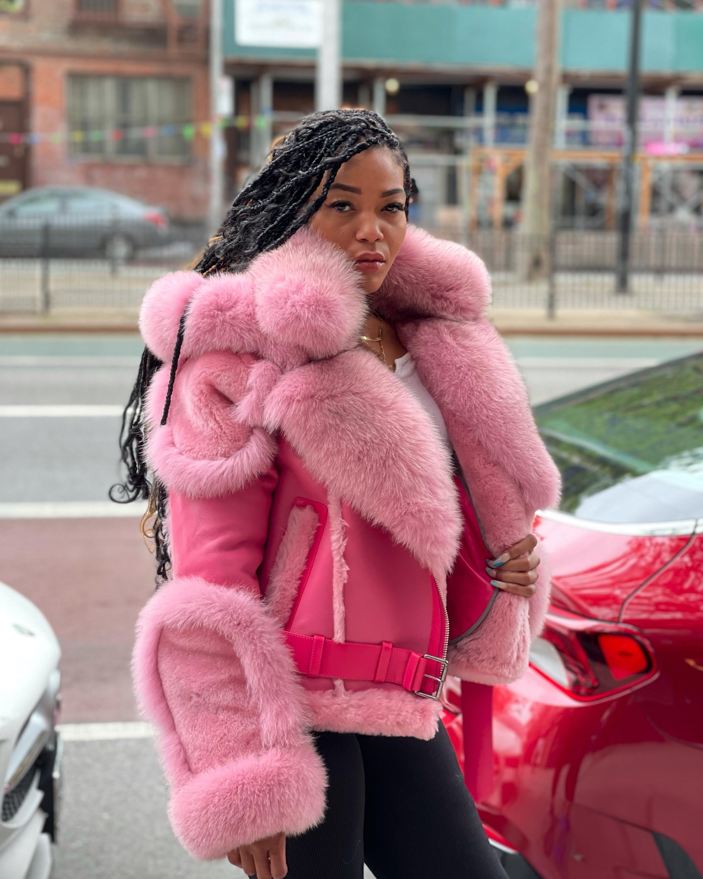 WOMEN SHEARLING- PINK BIKER STYLE WITH PINK FOX HOOD – DaRucci Leather