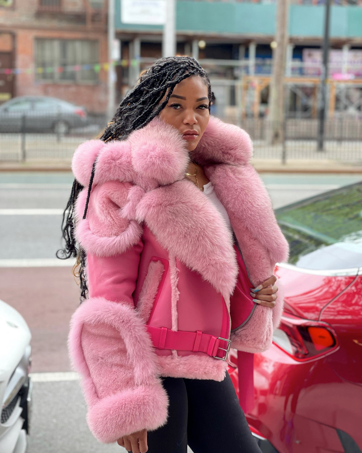 WOMEN SHEARLING- PINK BIKER STYLE WITH PINK FOX HOOD