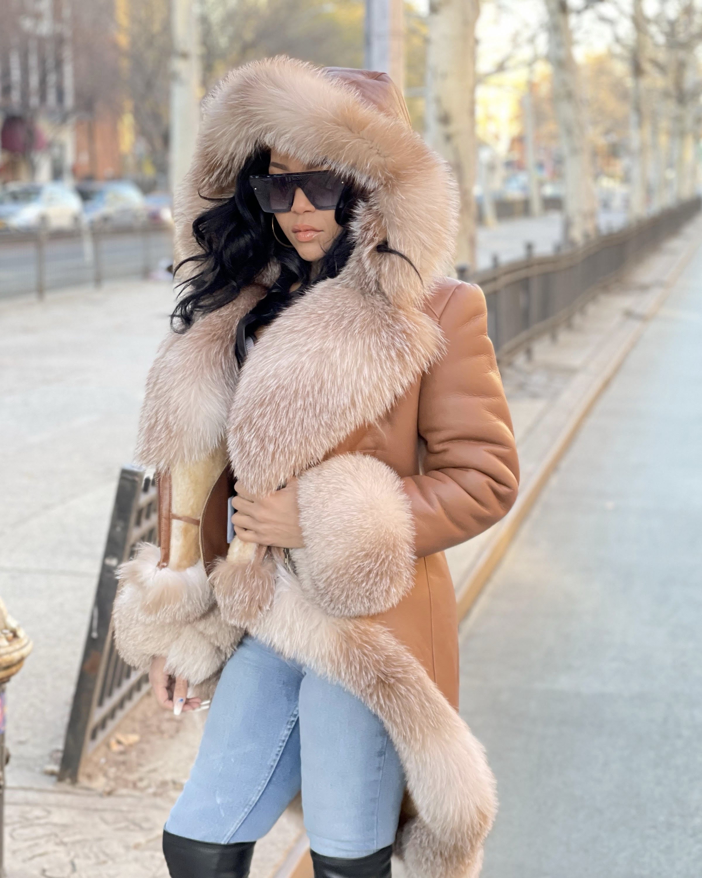WOMEN SHEARLING- COGNAC LONG LENGTH WITH CRYSTAL FOX FUR – DaRucci