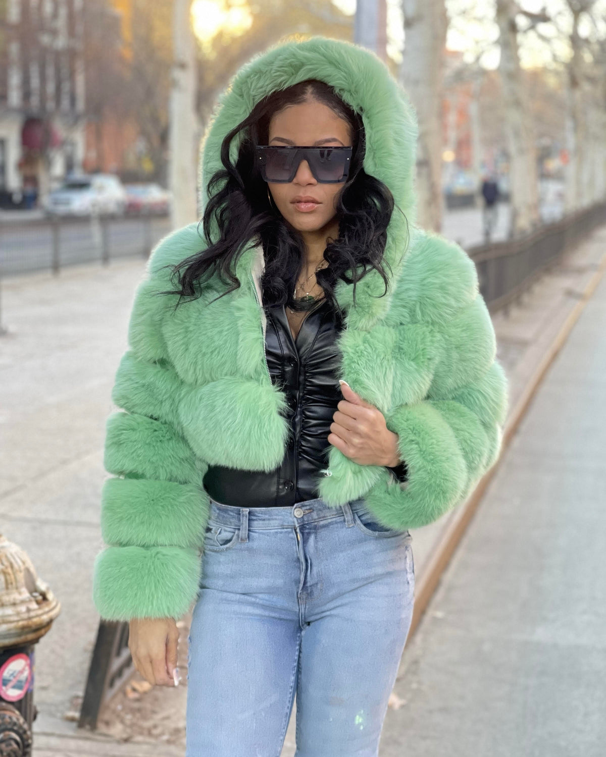 WOMEN CROP TOP- GREEN FOX FUR WITH HOOD
