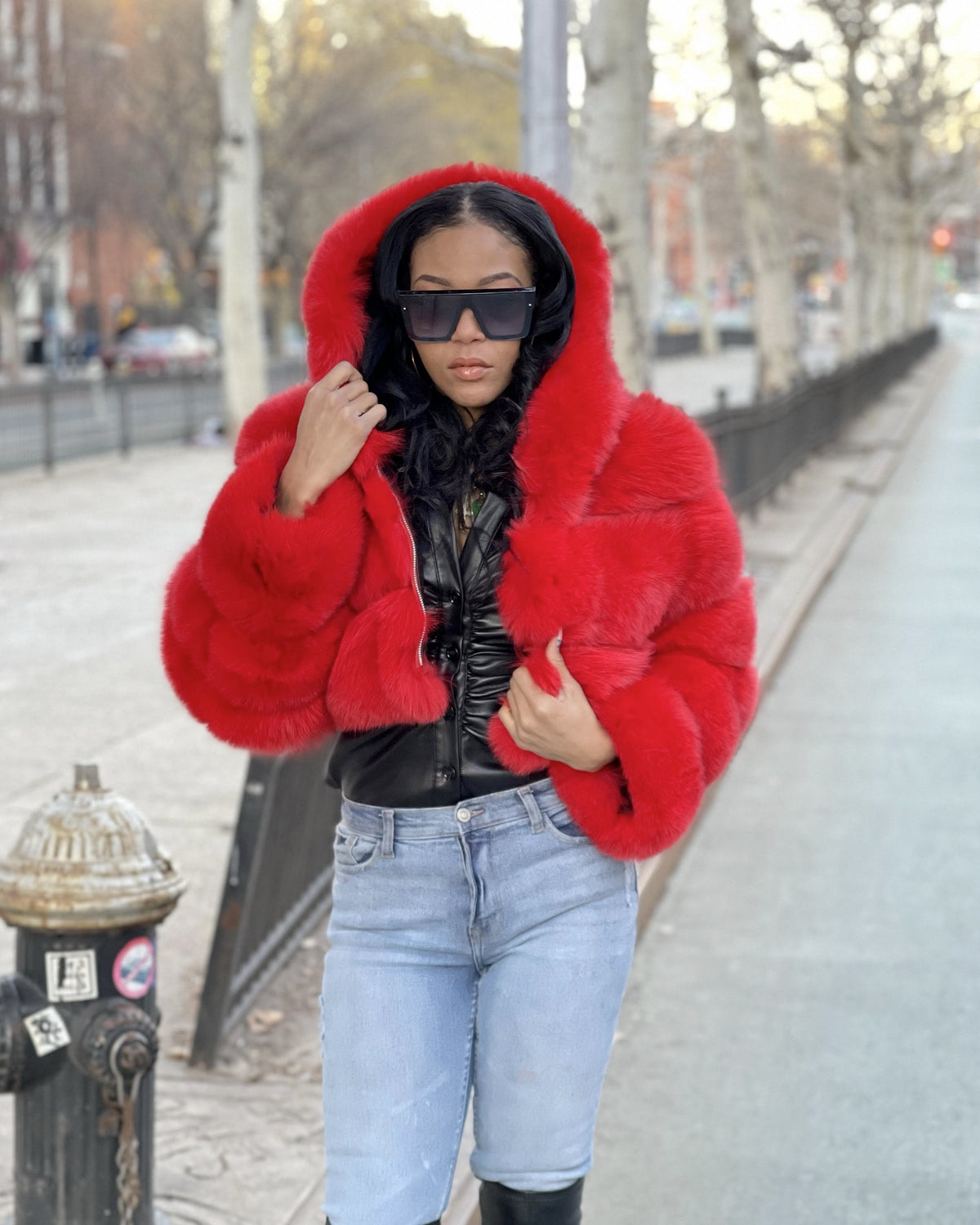 WOMEN CROP TOP- RED FOX FUR WITH HOOD