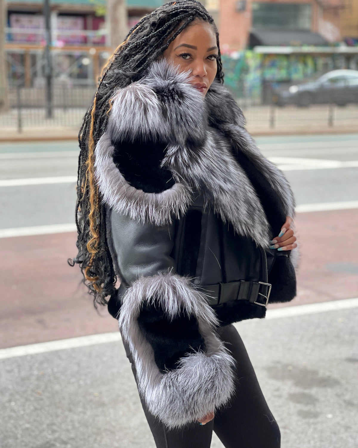 WOMEN SHEARLING- BLACK BIKER STYLE WITH SLIVER FOX HOOD