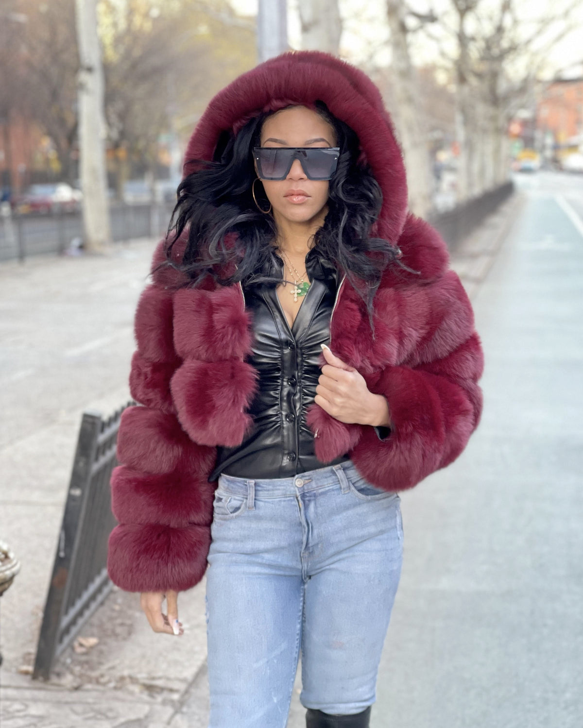 WOMEN CROP TOP- BURGUNDY FOX FUR WITH HOOD