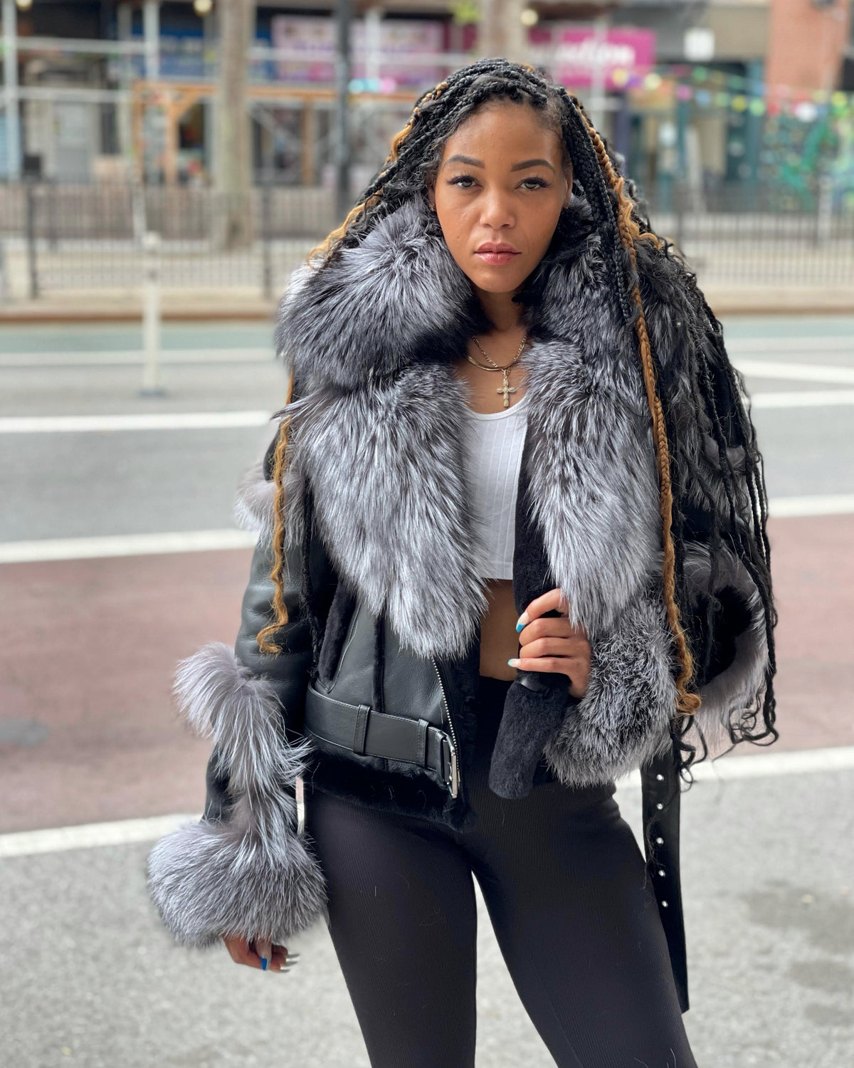 WOMEN SHEARLING- BLACK BIKER STYLE WITH SLIVER FOX HOOD