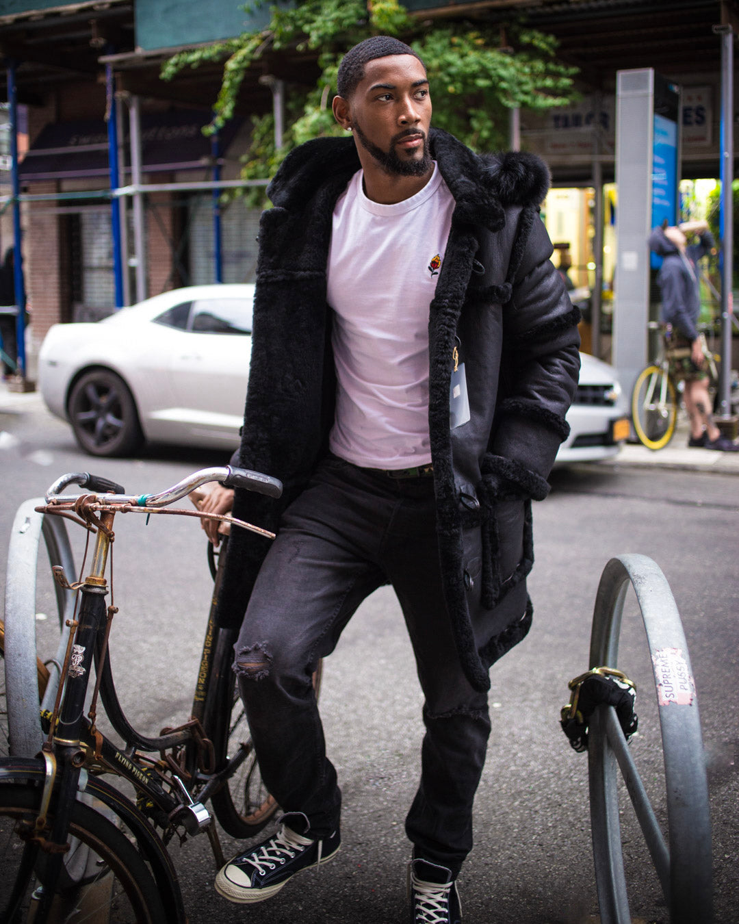 MEN SHEARLING- 3/4 BLACK WITH BLACK FOX FUR HOOD