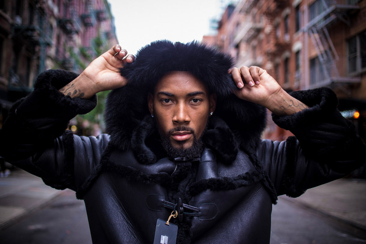 MEN SHEARLING- 3/4 BLACK WITH BLACK FOX FUR HOOD