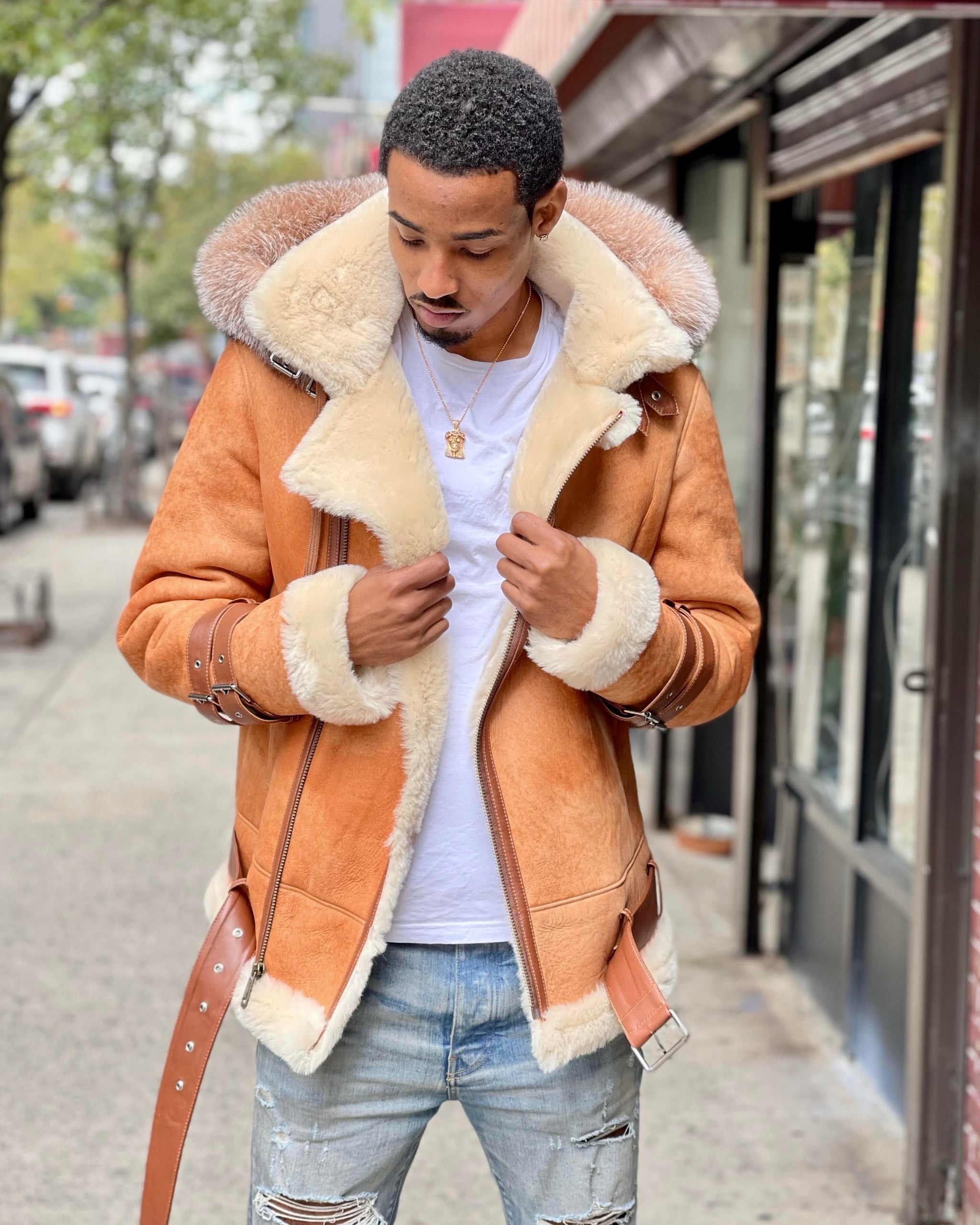 MEN SHEARLING- DISTRESSED COGNAC PILOT STYLE WITH HOOD – DaRucci