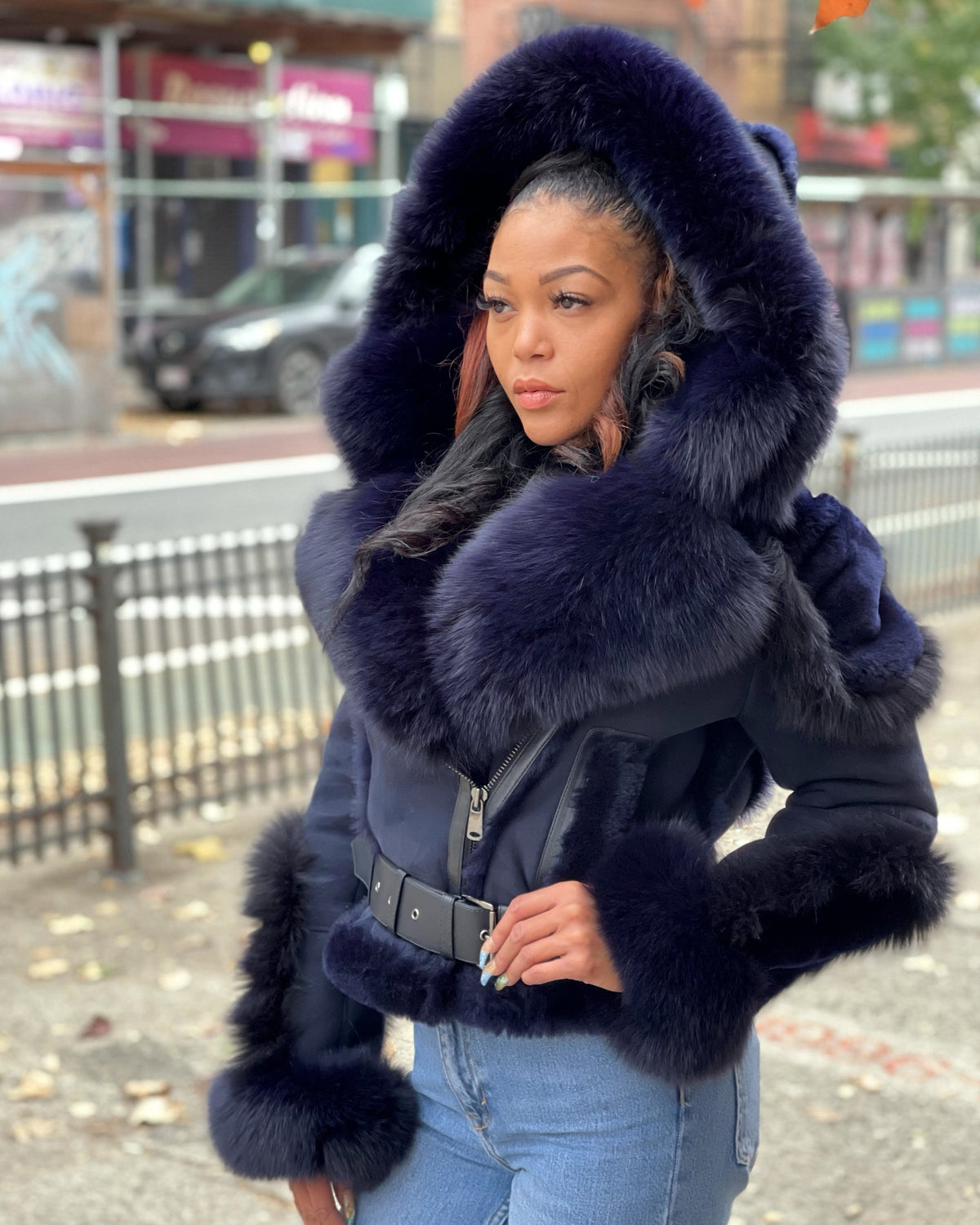 WOMEN SHEARLING- NAVY BLUE BIKER STYLE WITH FOX HOOD