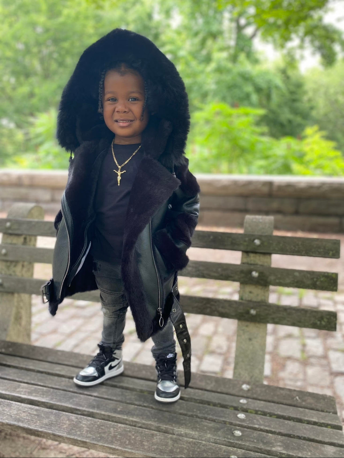 KIDS- BLACK 3/4 BIKER STYLE WITH BLACK FOX FUR HOOD
