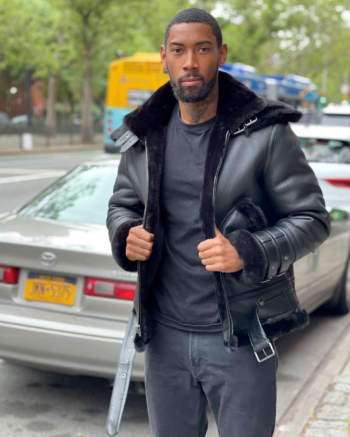 MEN SHEARLING-  BLACK AVIATOR DOUBLE COLLAR
