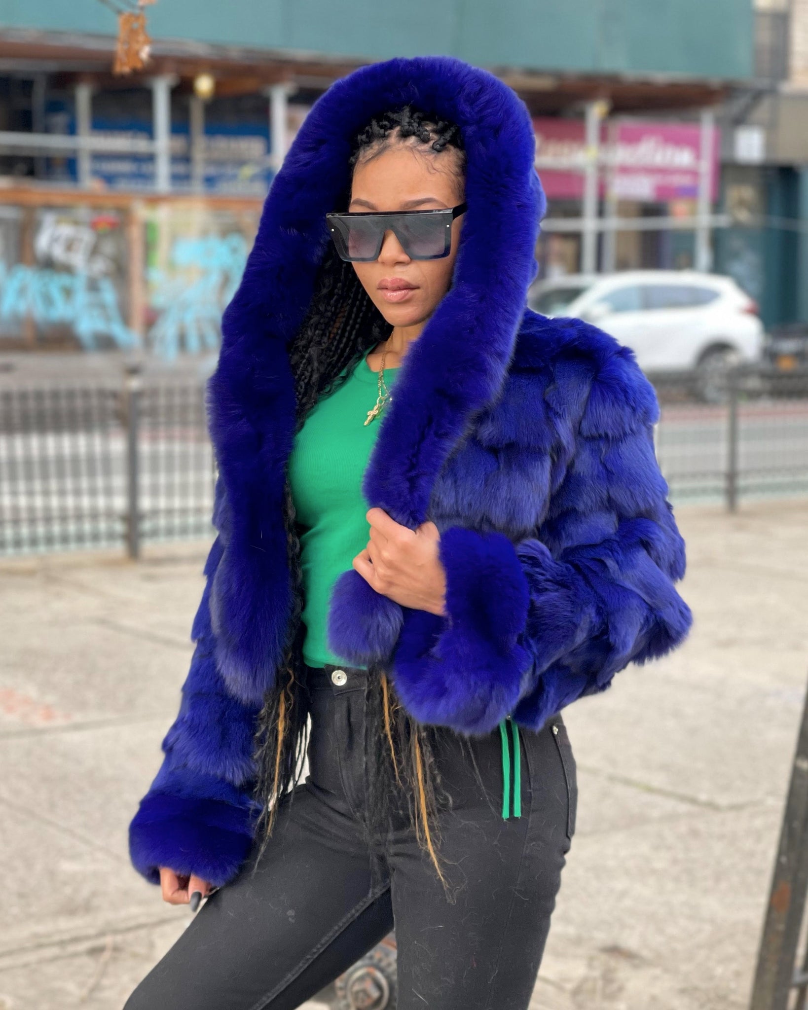 WOMEN -  ELECTRIC BLUE  FOX BOMBER WITH HOOD