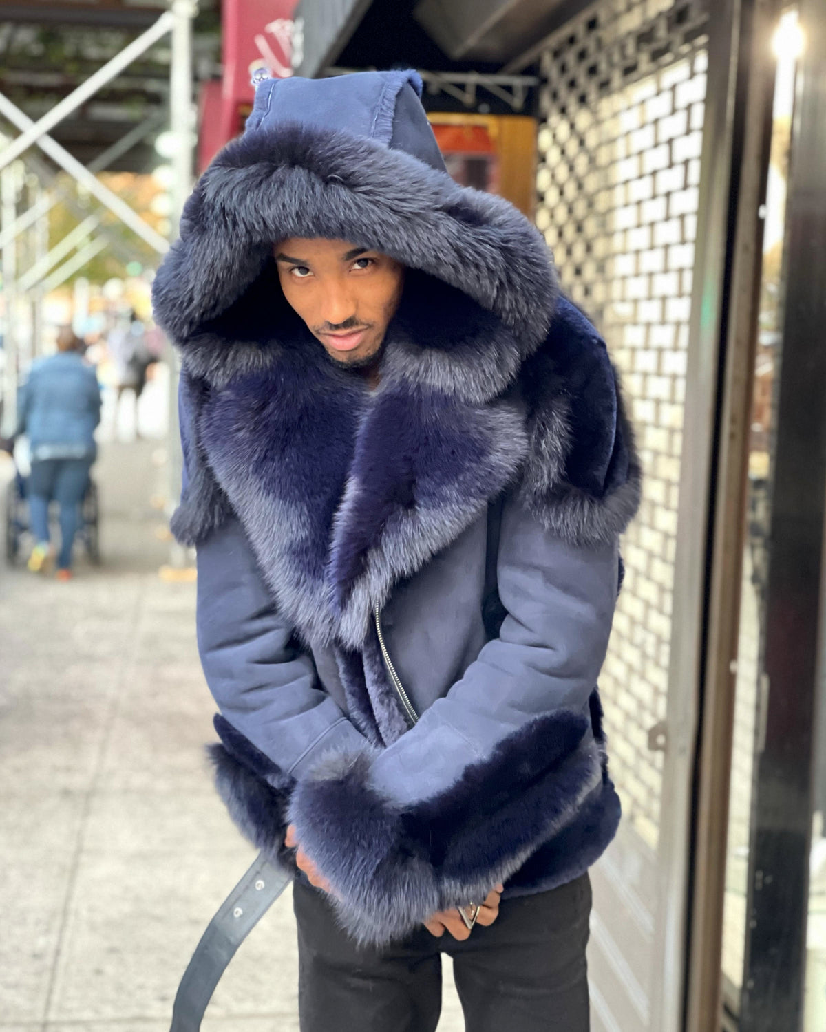 MEN SHEARLING- NAVY BLUE BIKER STYLE WITH NAVY BLUE FUR & HOOD