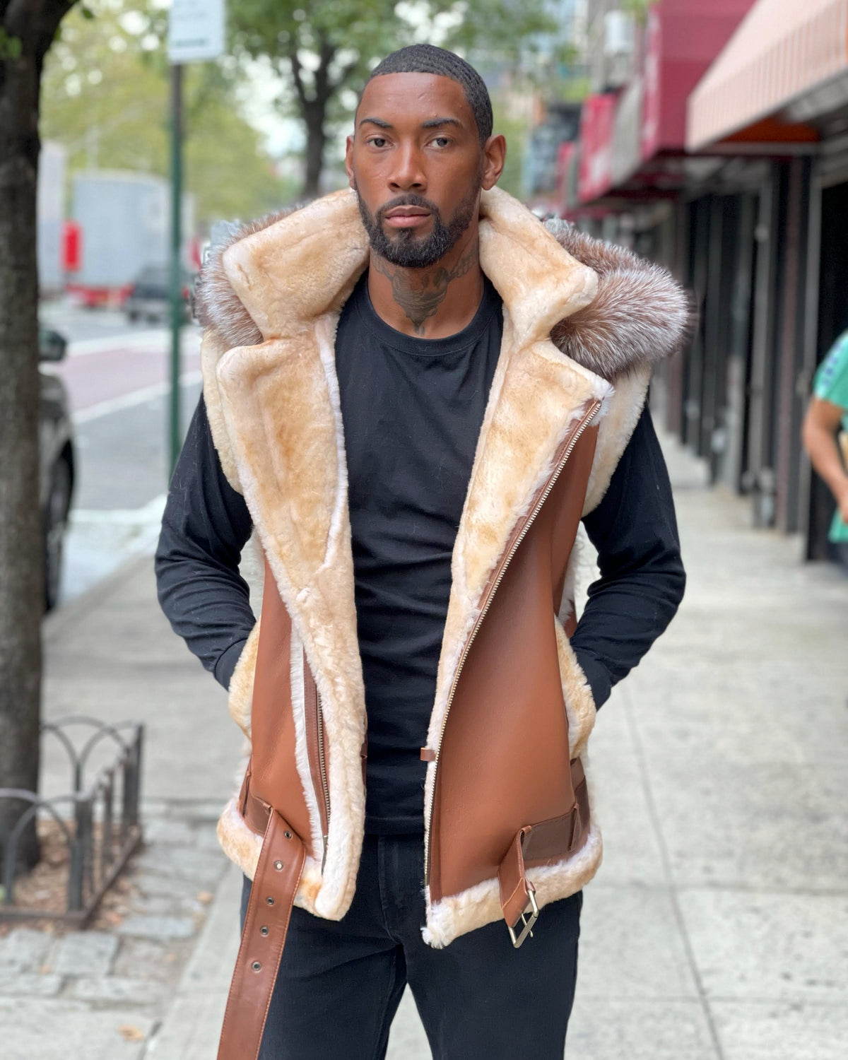 MEN SHEARLING VEST- COGNAC BROWN WITH CRYSTAL FOX HOOD
