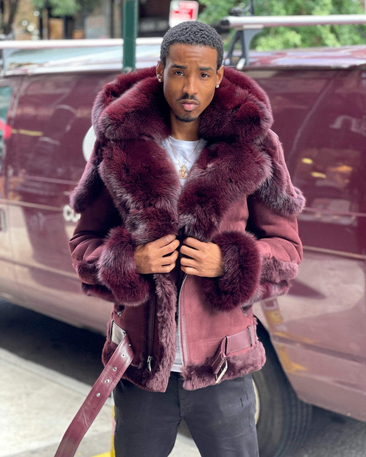 MEN SHEARLING- BURGUNDY BIKER STYLE WITH BURGUNDY FOX FUR & HOOD