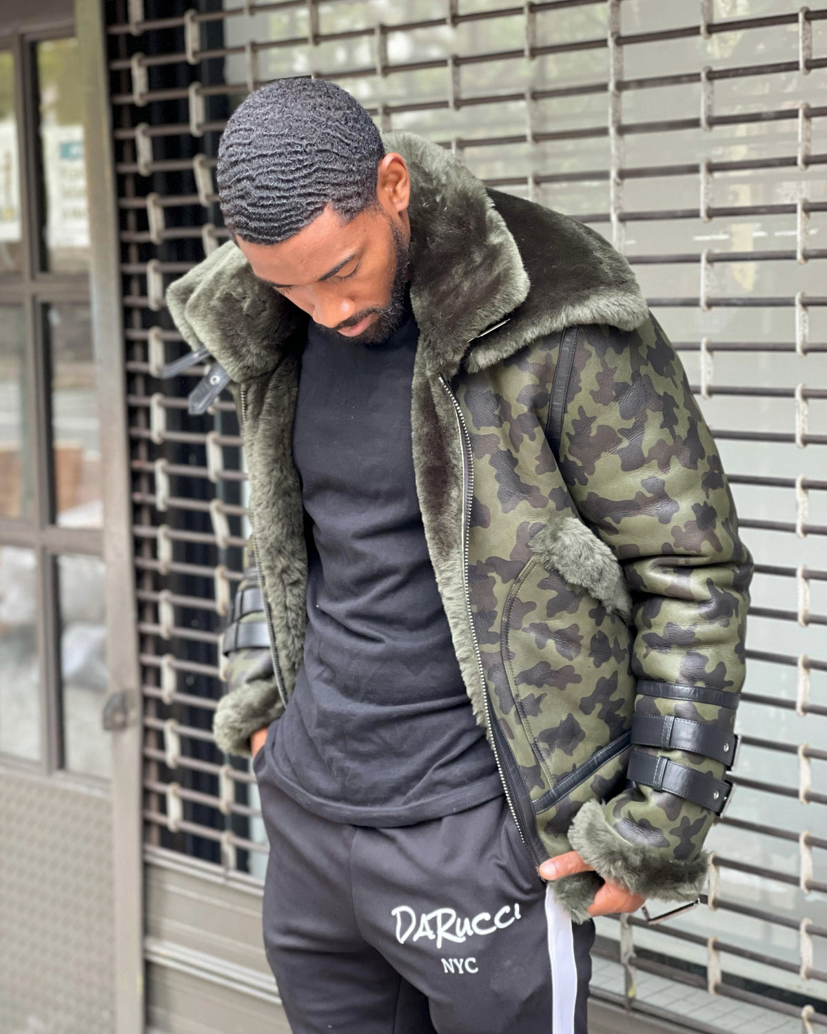 MEN SHEARLING-  CAMO AVIATOR DOUBLE COLLAR