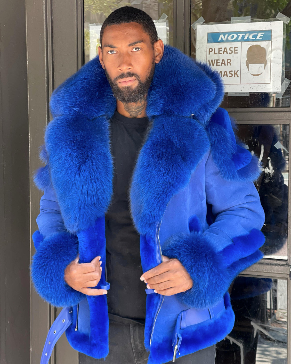 MEN SHEARLING- ROYAL BLUE BIKER STYLE WITH BLUE FOX FUR & HOOD