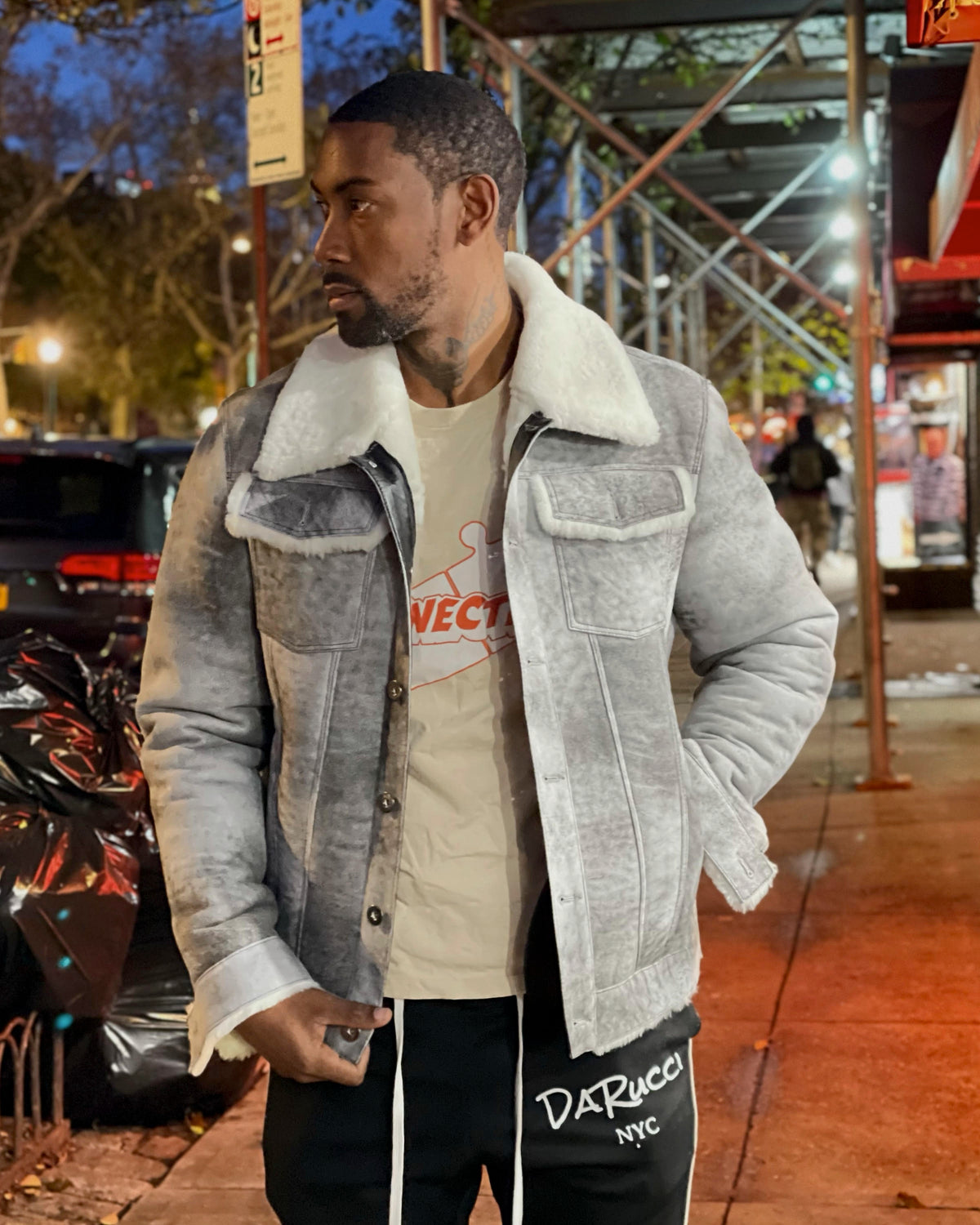 MEN SHEARLING-  DISTRESSED GREY DENIM STYLE SHEARLING
