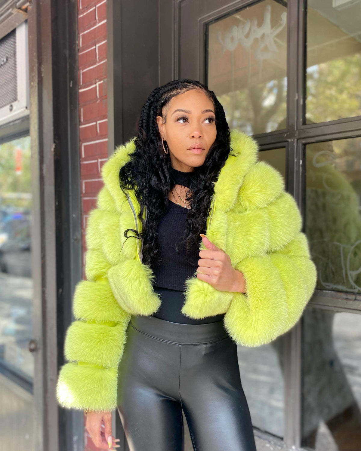 WOMEN CROP TOP- LIME GREEN FOX FUR WITH HOOD
