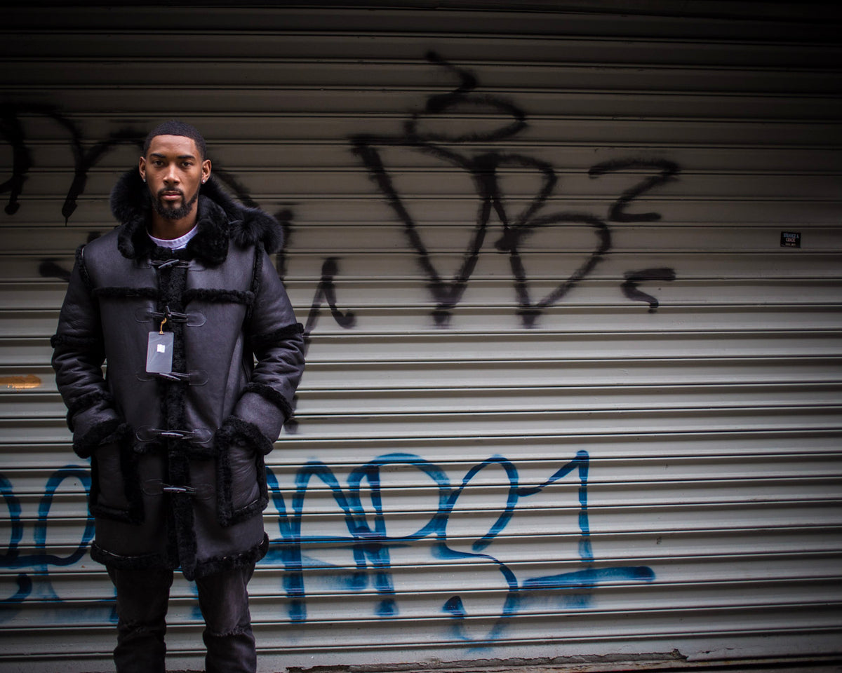 MEN SHEARLING- 3/4 BLACK WITH BLACK FOX FUR HOOD