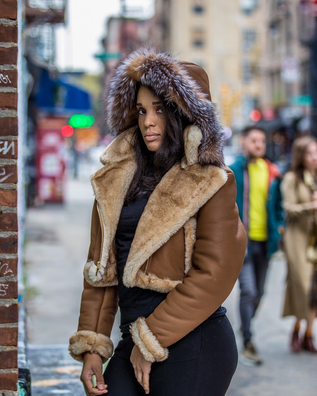 WOMEN SHEARLING- CROP TOP COGNAC WITH CRYSTAL FOX HOOD