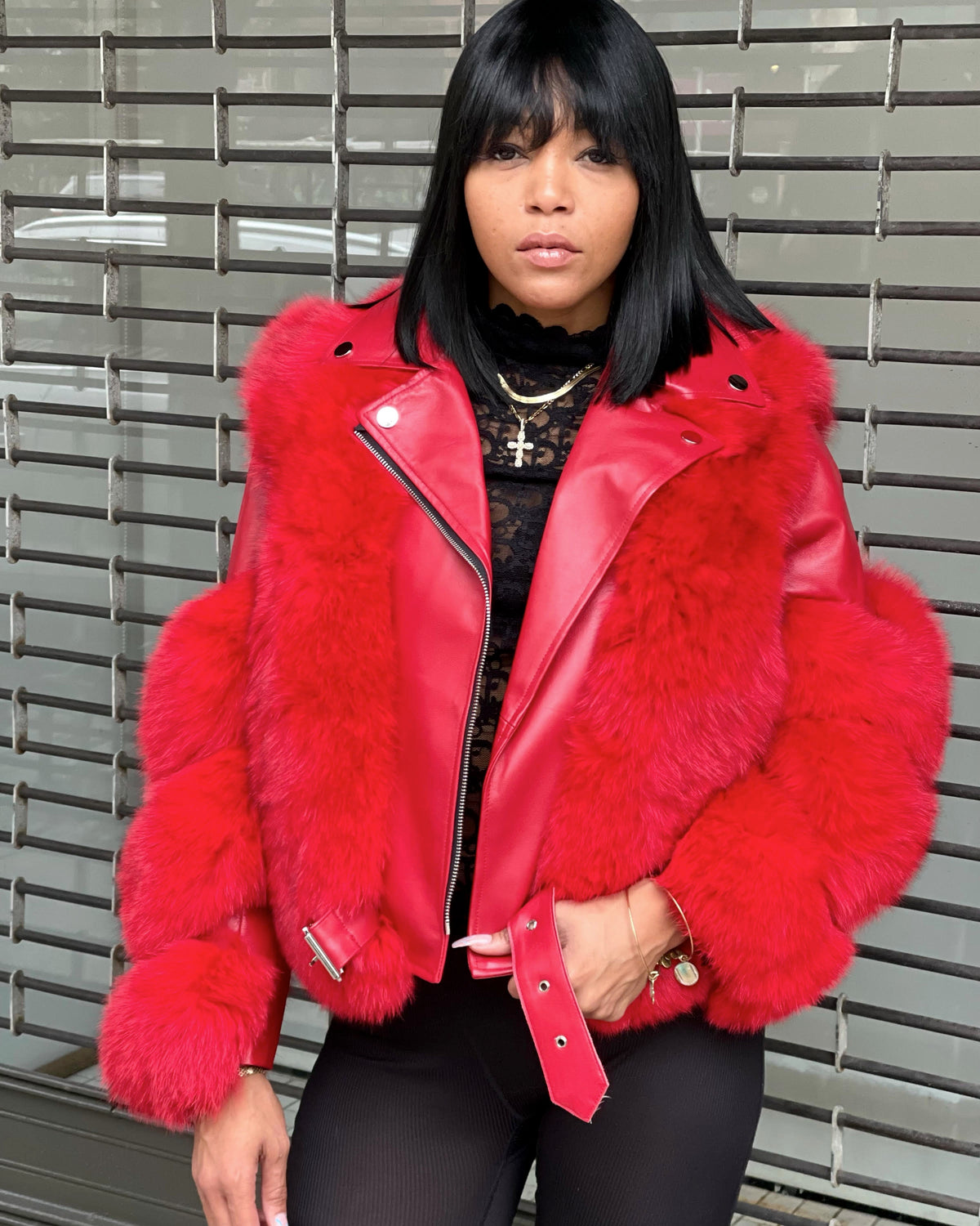 WOMEN MOTO- RED MOTO WITH RED FOX FUR TRIMMING