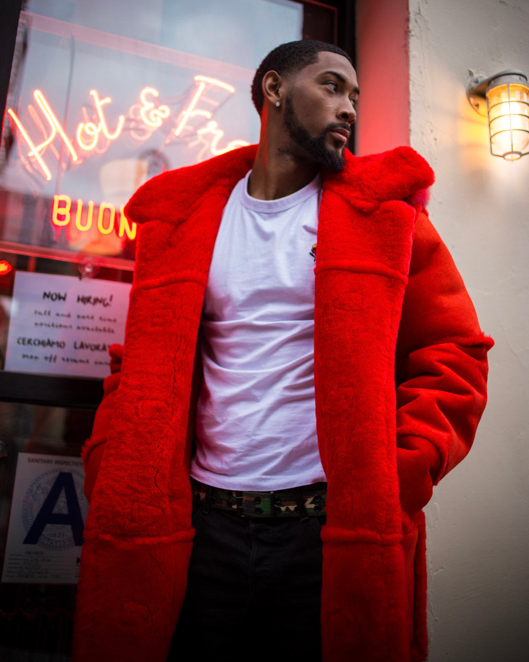 MEN SHEARLING- 3/4 RED WITH RED FOX FUR HOOD