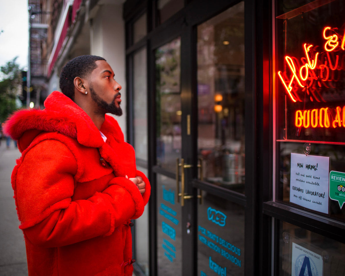 MEN SHEARLING- 3/4 RED WITH RED FOX FUR HOOD