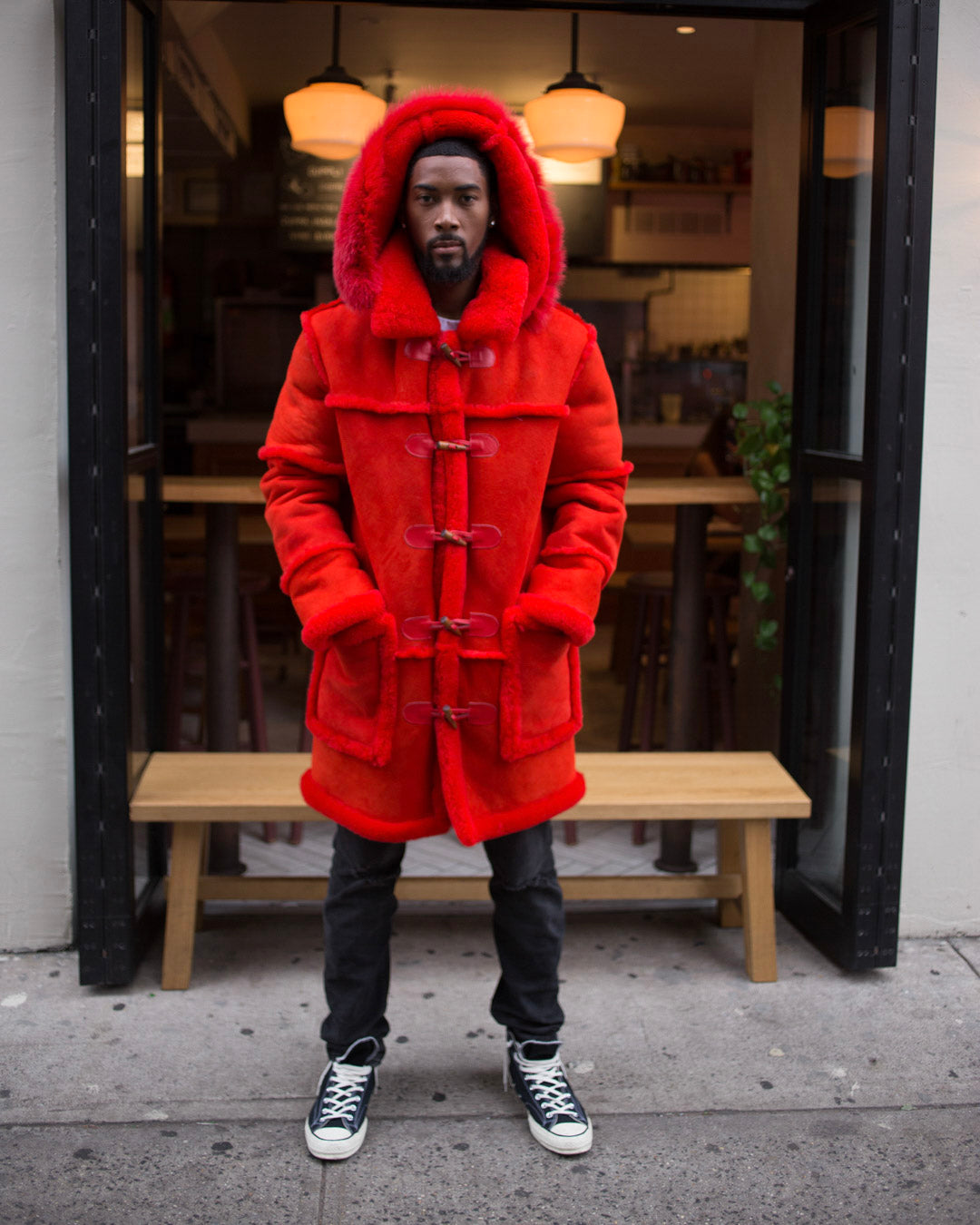 MEN SHEARLING- 3/4 RED WITH RED FOX FUR HOOD