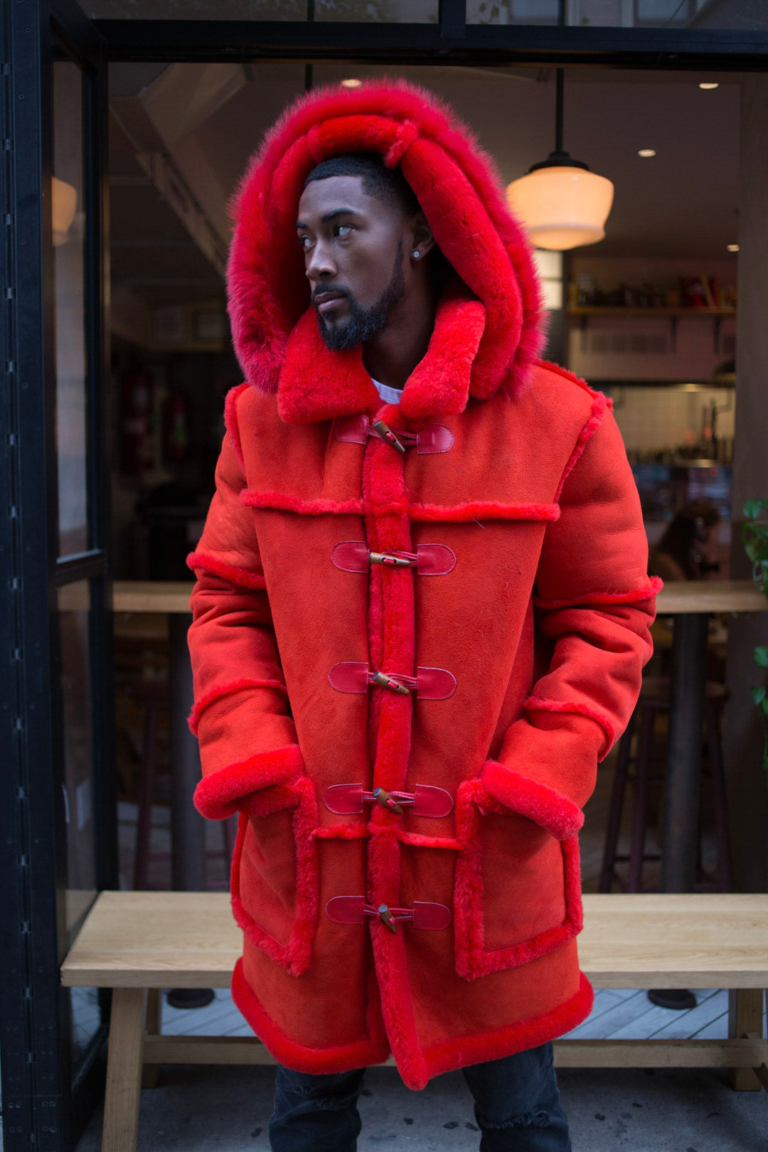 MEN SHEARLING- 3/4 RED WITH RED FOX FUR HOOD