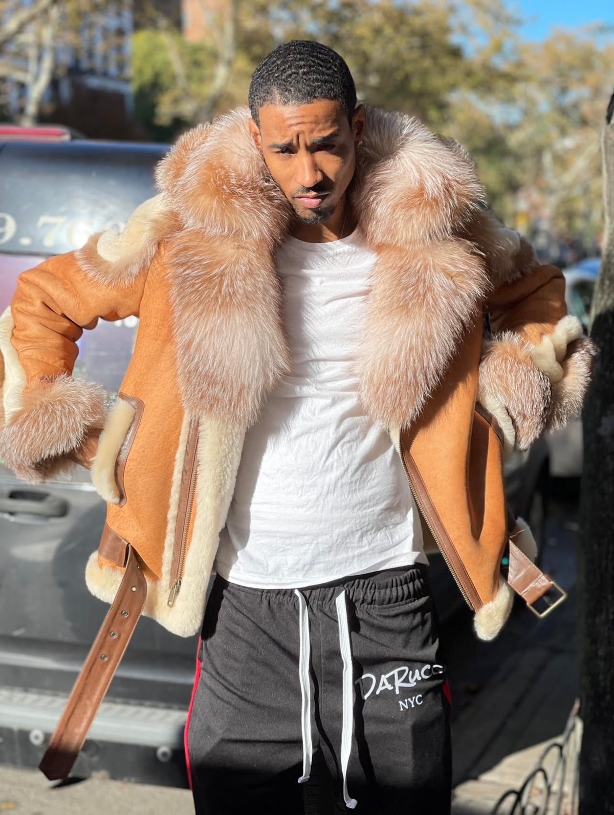 MEN SHEARLING- DISTRESSED COGNAC BIKER (CAMRON EDITION)
