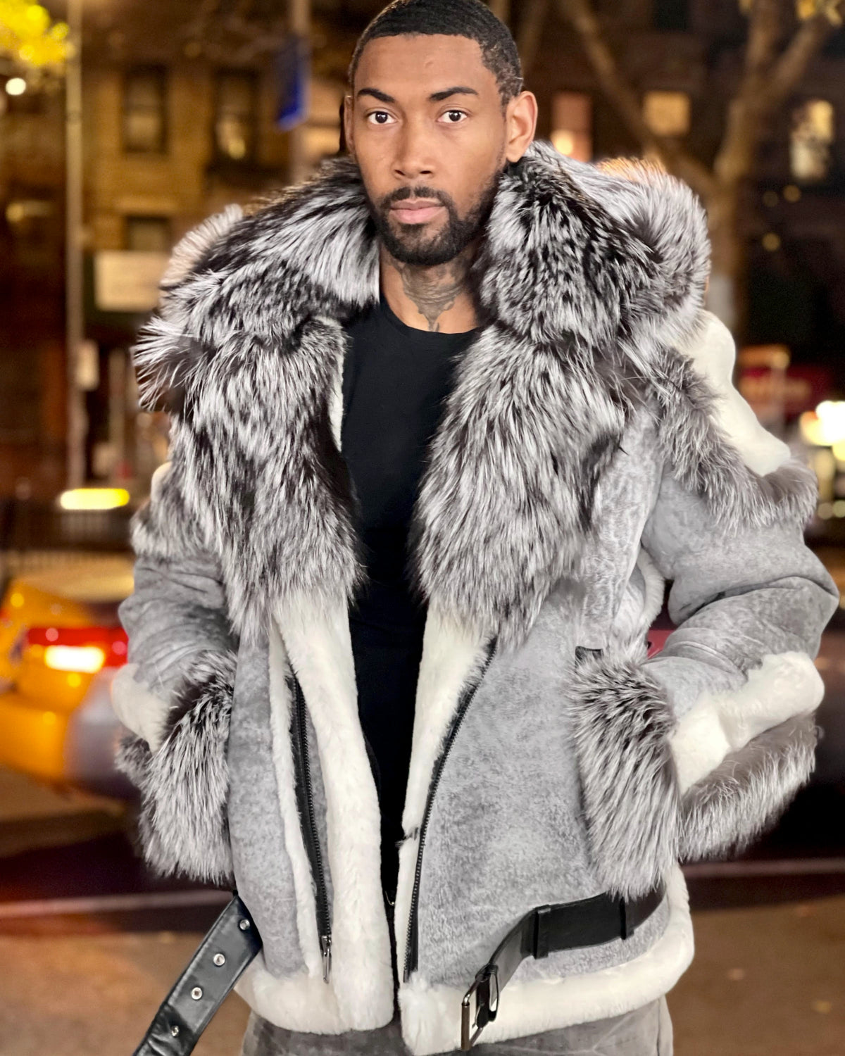 MEN SHEARLING- DISTRESSED GREY BIKER STYLE WITH SILVER FOX FUR