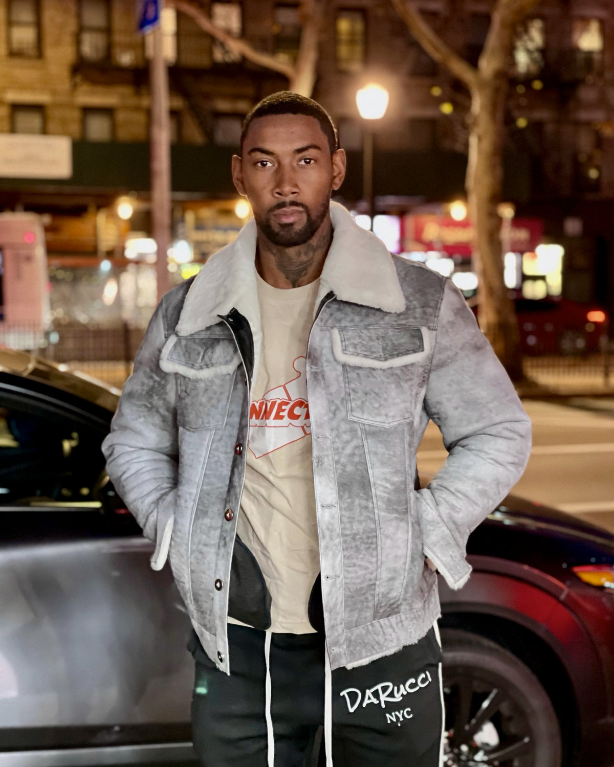 MEN SHEARLING-  DISTRESSED GREY DENIM STYLE SHEARLING