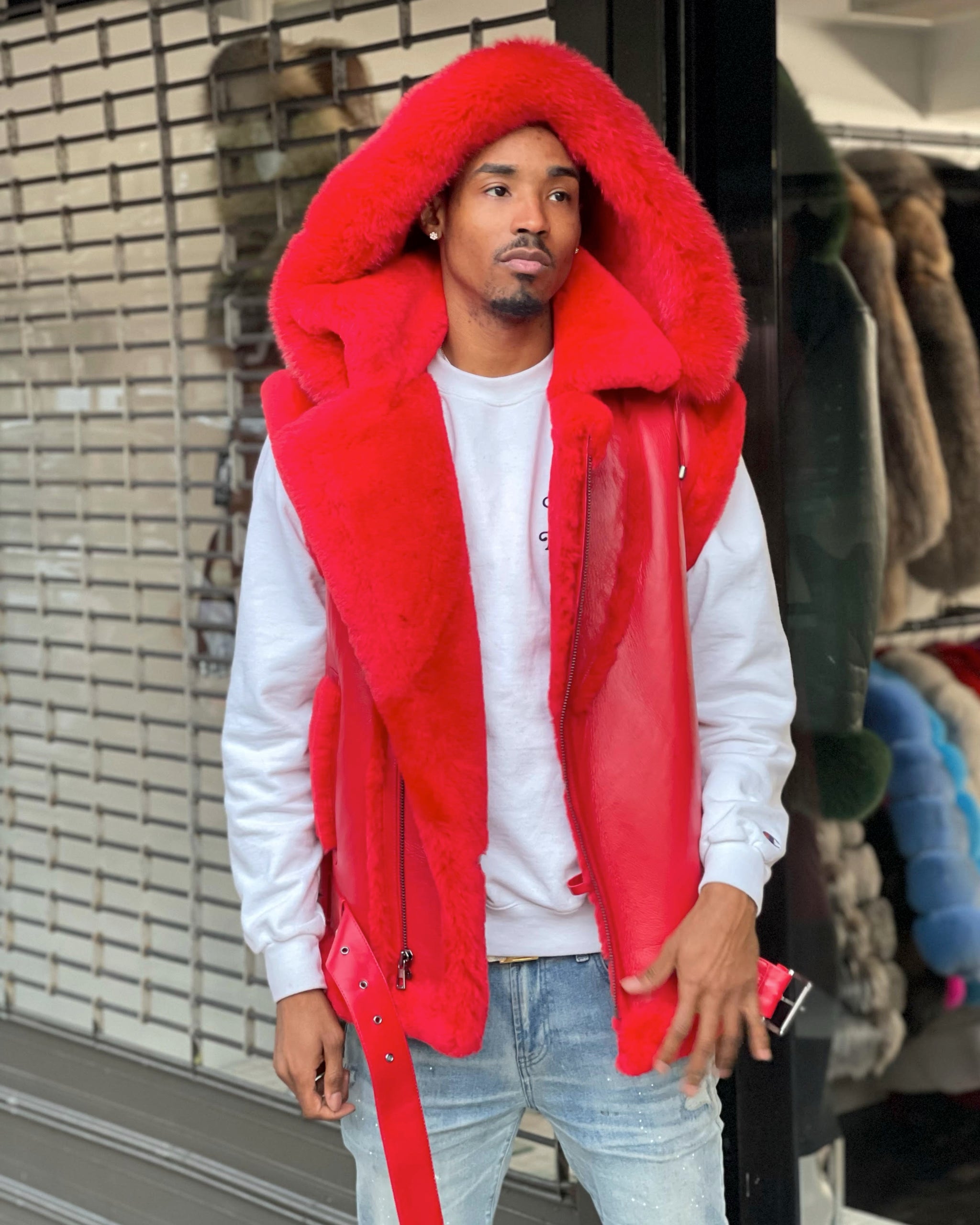 MEN SHEARLING VEST- RED WITH RED FOX HOOD – DaRucci Leather