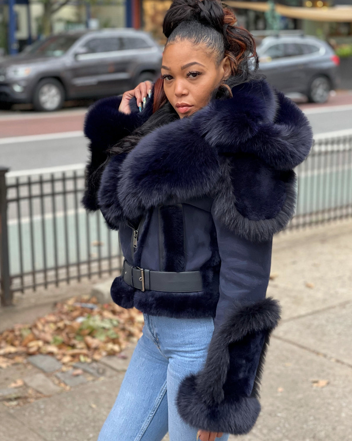 WOMEN SHEARLING- NAVY BLUE BIKER STYLE WITH FOX HOOD