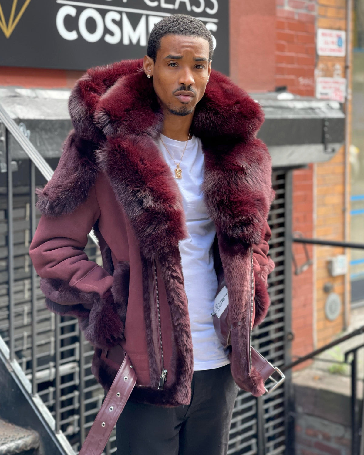 MEN SHEARLING- BURGUNDY BIKER STYLE WITH BURGUNDY FOX FUR & HOOD