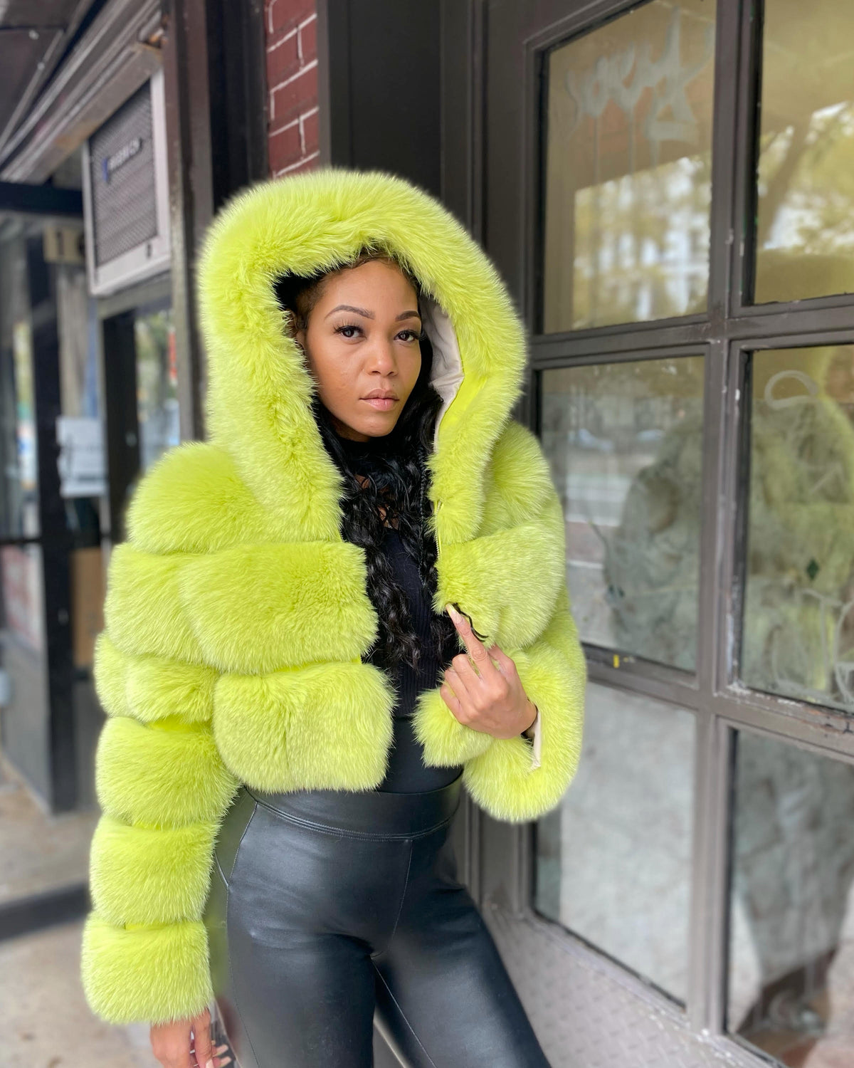 WOMEN CROP TOP- LIME GREEN FOX FUR WITH HOOD