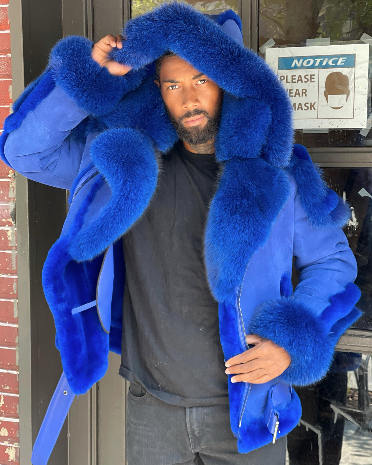 MEN SHEARLING- ROYAL BLUE BIKER STYLE WITH BLUE FOX FUR & HOOD