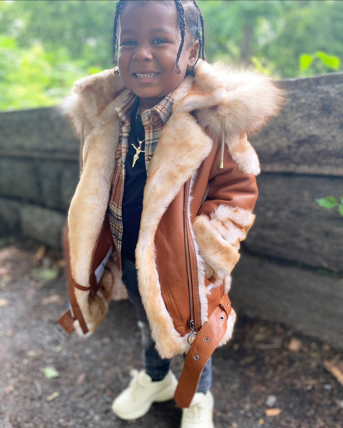 KIDS- COGNAC BROWN 3/4 BIKER STYLE WITH HOOD