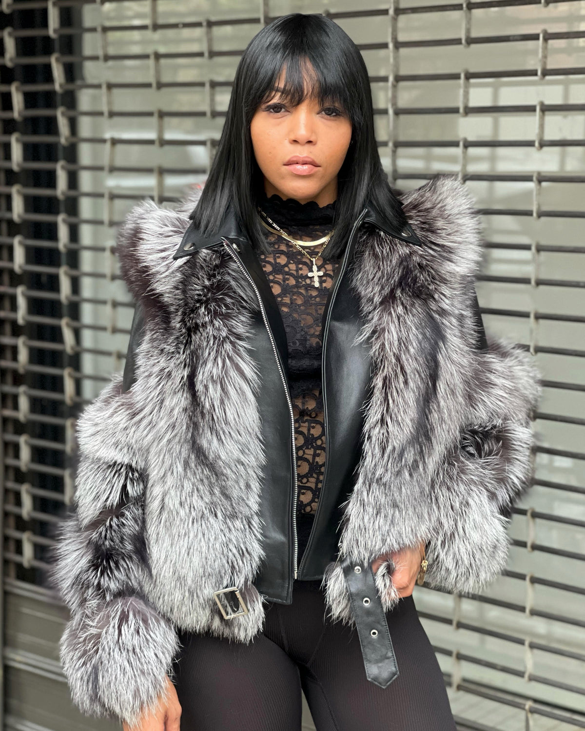 WOMEN MOTO- BLACK MOTO WITH SLIVER FOX FUR TRIMMING