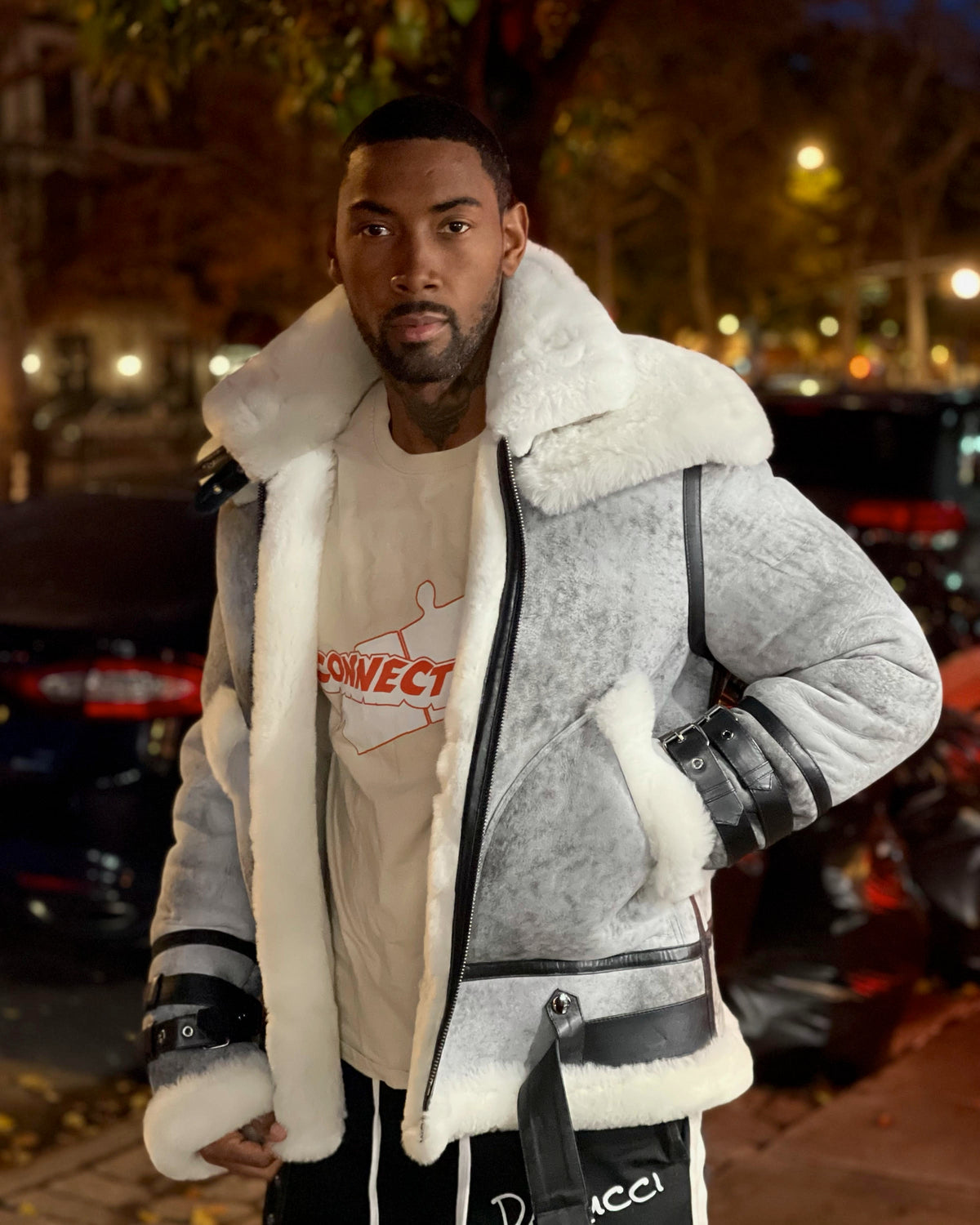 MEN SHEARLING-  AVIATOR STYLE DISTRESSED GREY DOUBLE COLLAR