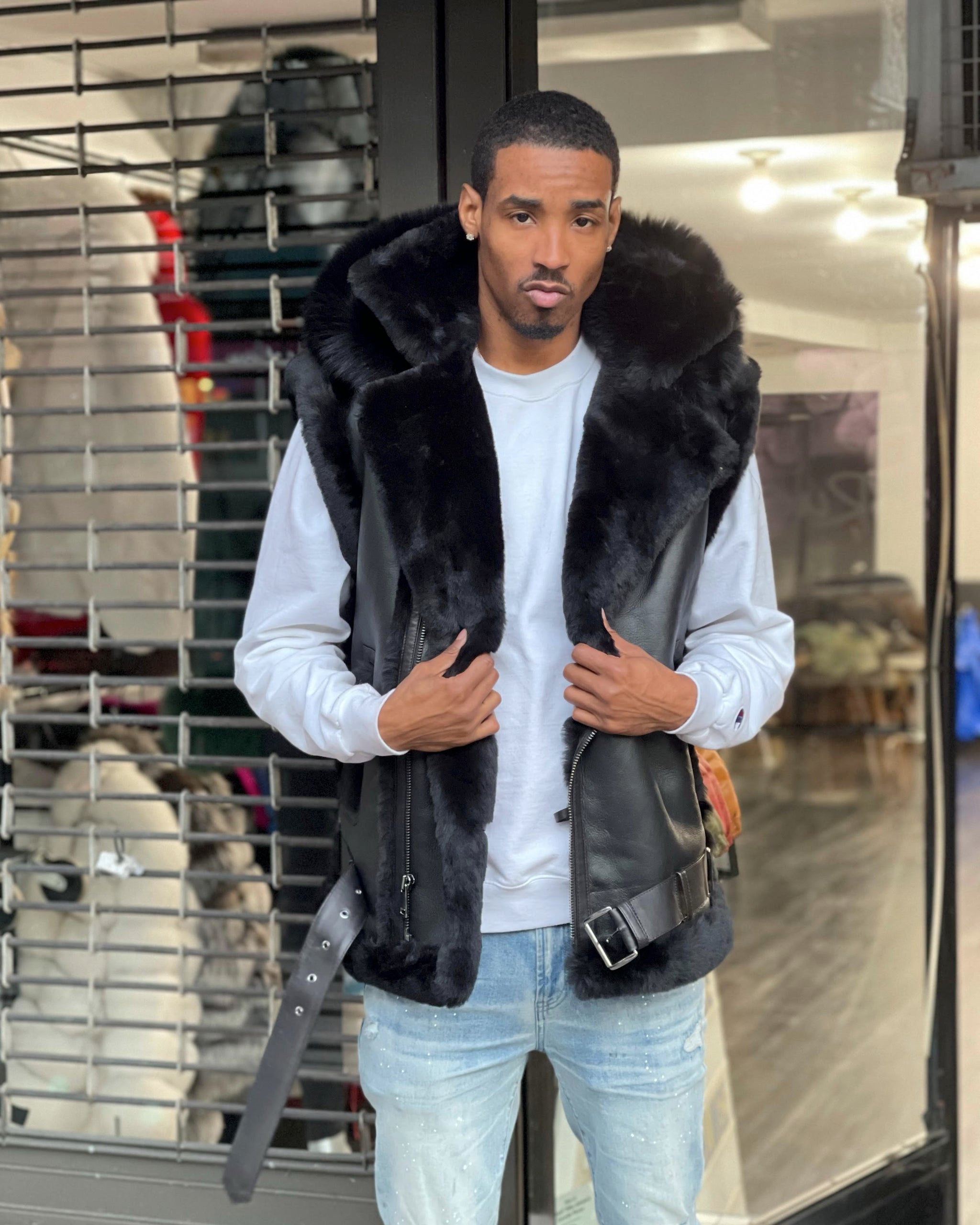 MEN SHEARLING VEST- BLACK WITH BLACK FOX HOOD – DaRucci Leather