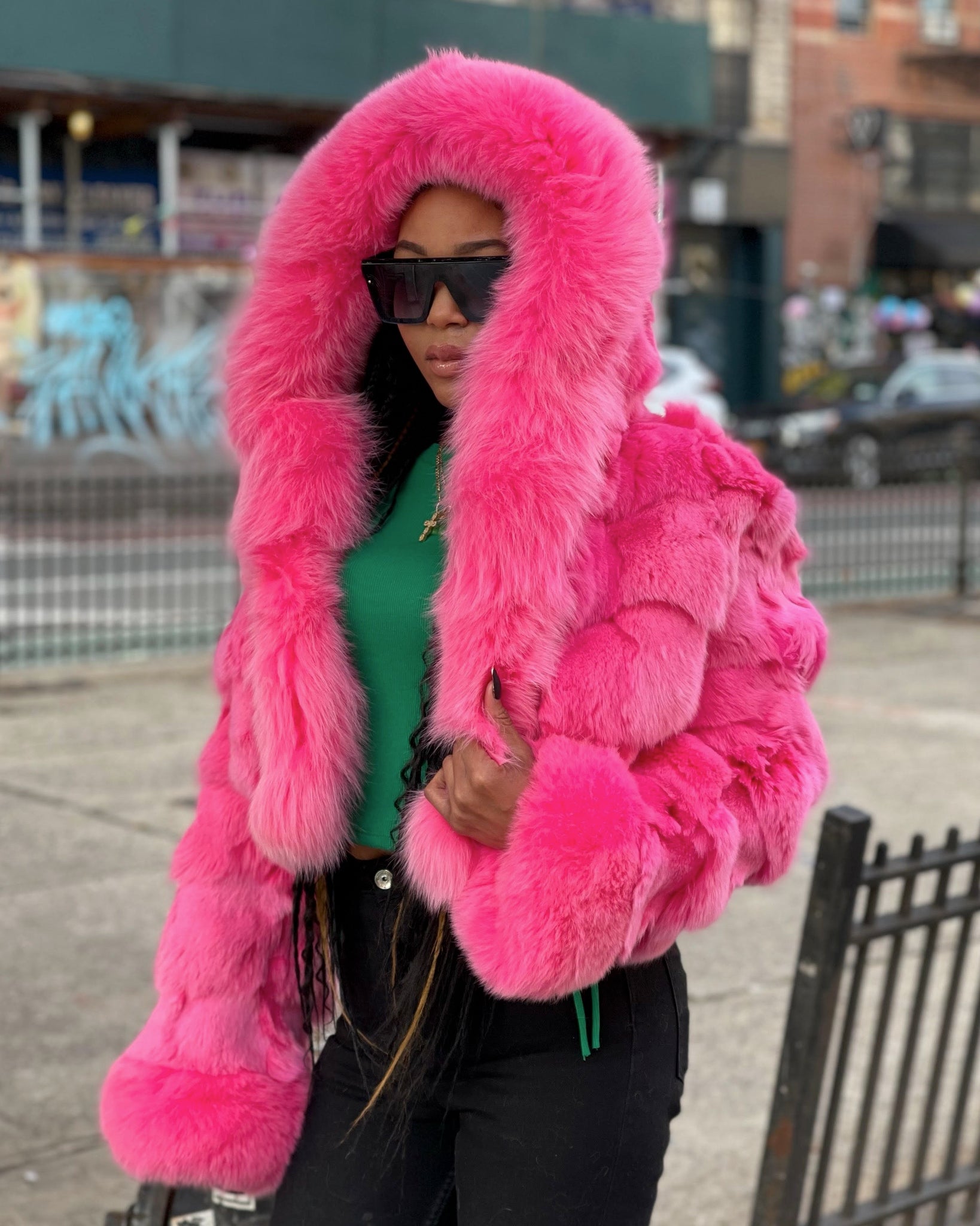 Fur Jacket Hot Pink Jacket Women Hood Bright Pink Fur Coat WOMEN