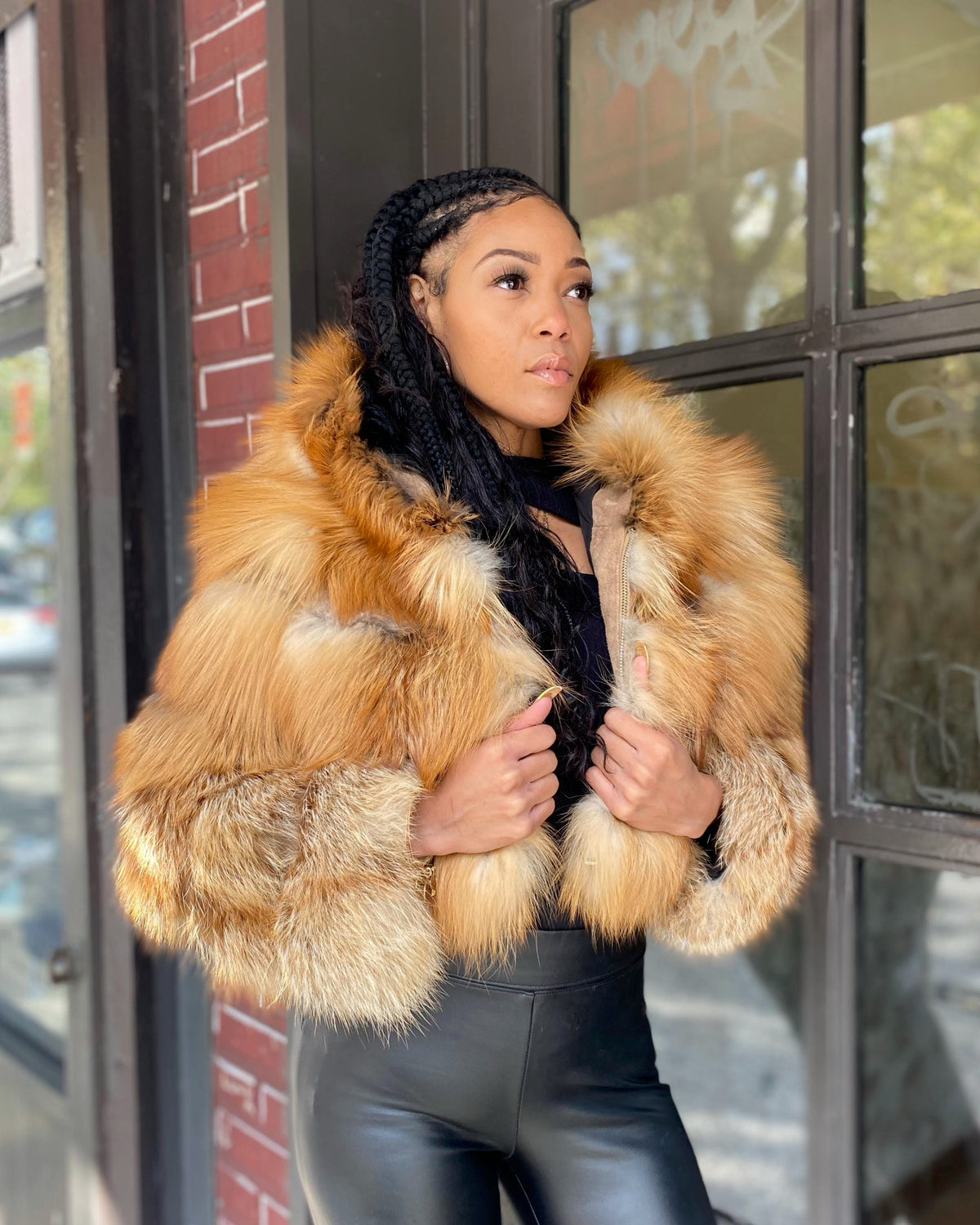 WOMEN CROP TOP- RED FOX FUR WITH HOOD