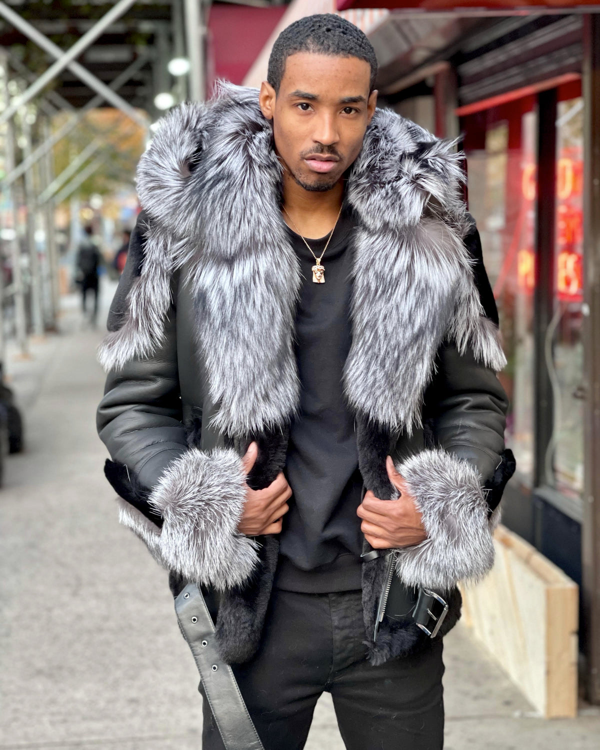 MEN SHEARLING- BLACK BIKER STYLE WITH SILVER FOX FUR & HOOD