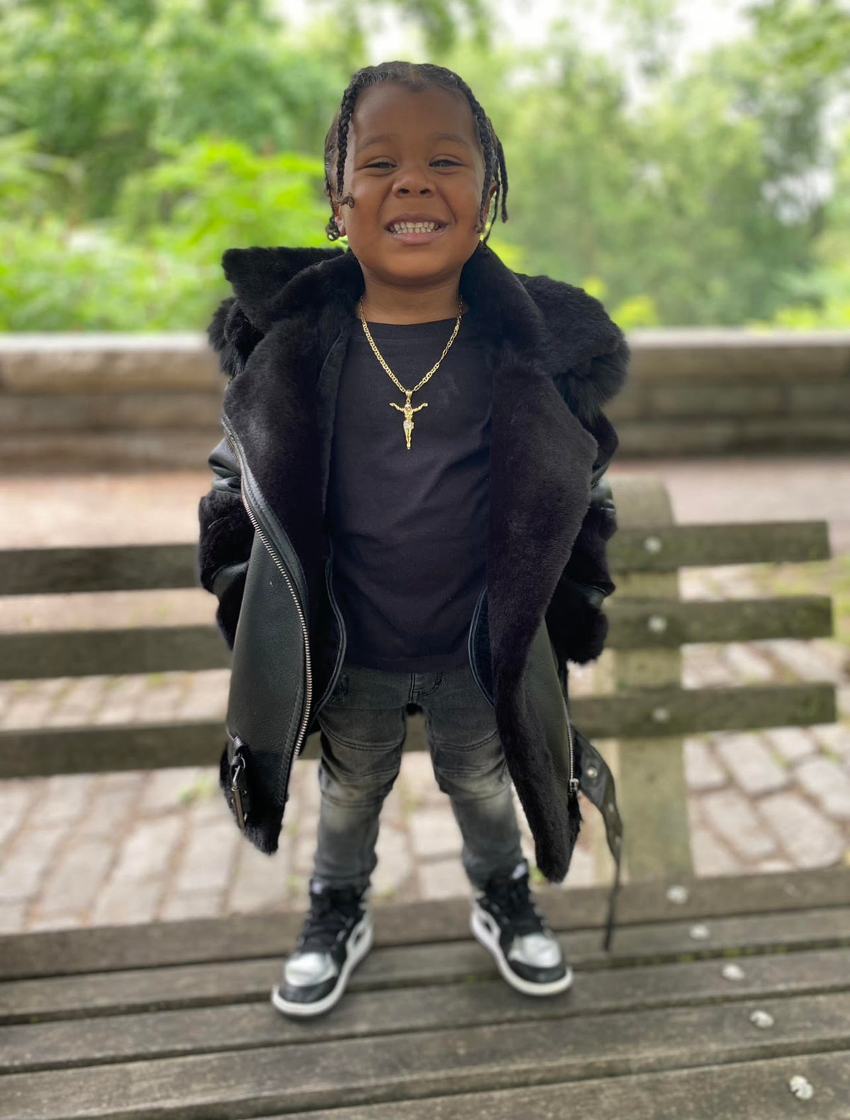 KIDS- BLACK 3/4 BIKER STYLE WITH BLACK FOX FUR HOOD