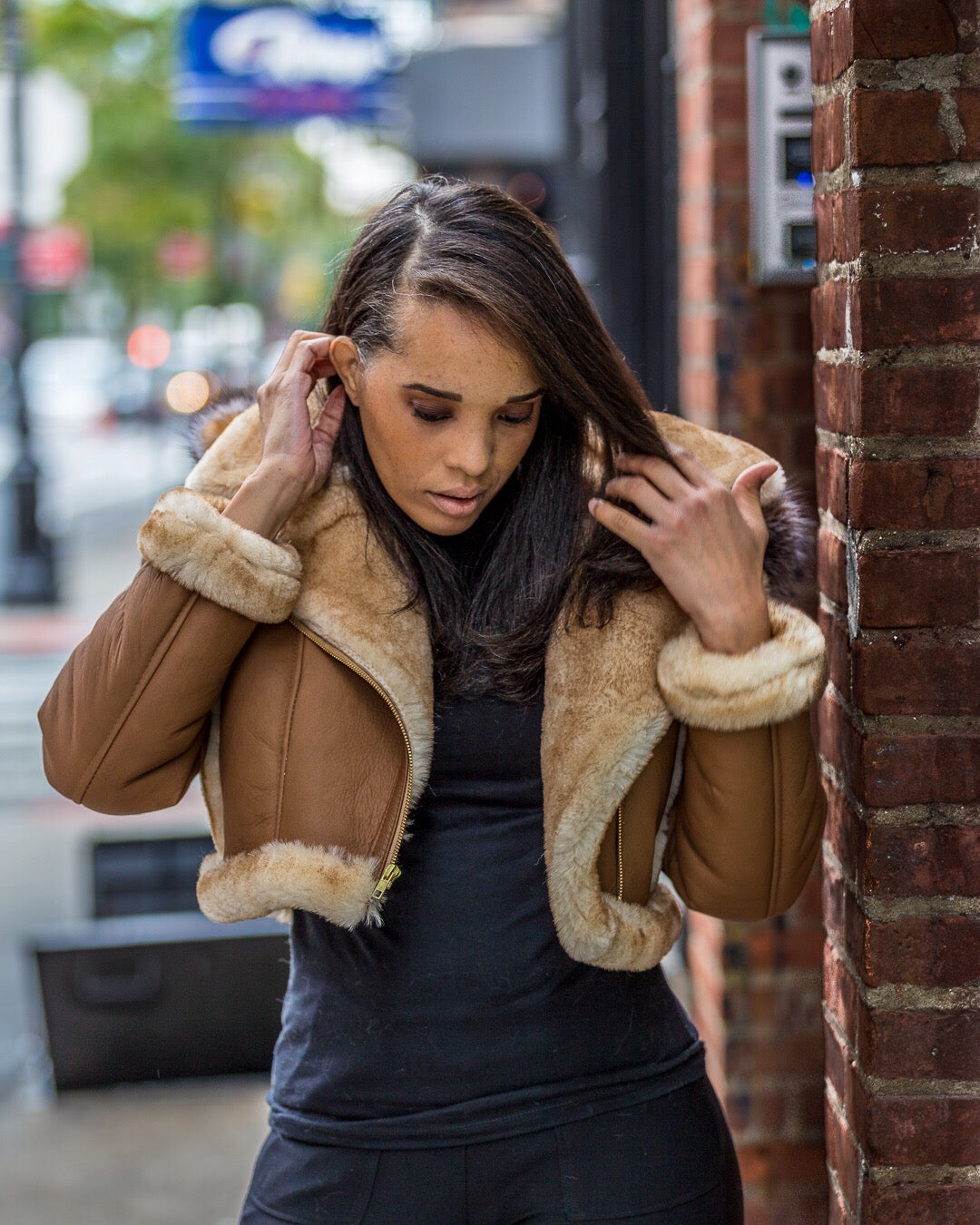 WOMEN SHEARLING- CROP TOP COGNAC WITH CRYSTAL FOX HOOD