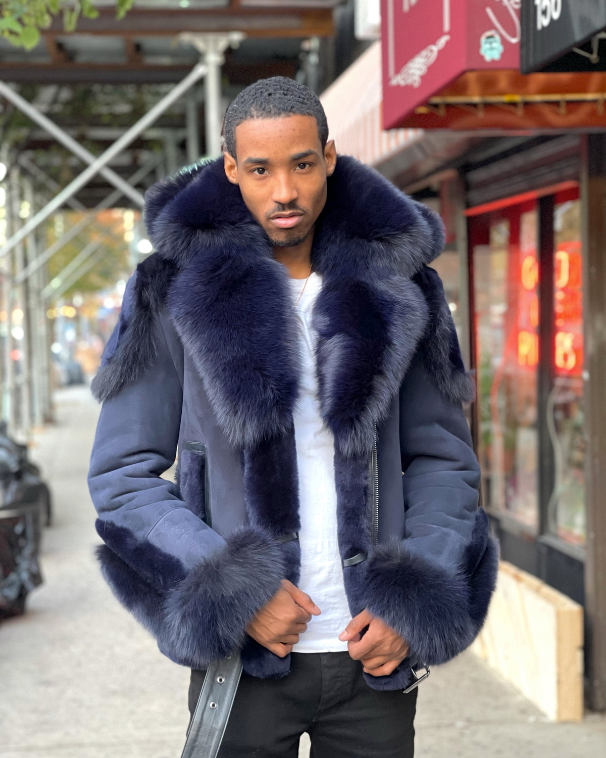MEN SHEARLING- NAVY BLUE BIKER STYLE WITH NAVY BLUE FUR & HOOD